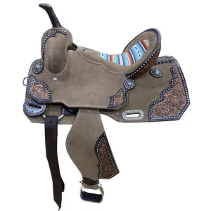 14", 15" DOUBLE T   ROUGH OUT BARREL STYLE SADDLE WITH SOUTHWEST SERAPE PRINTED INLAY