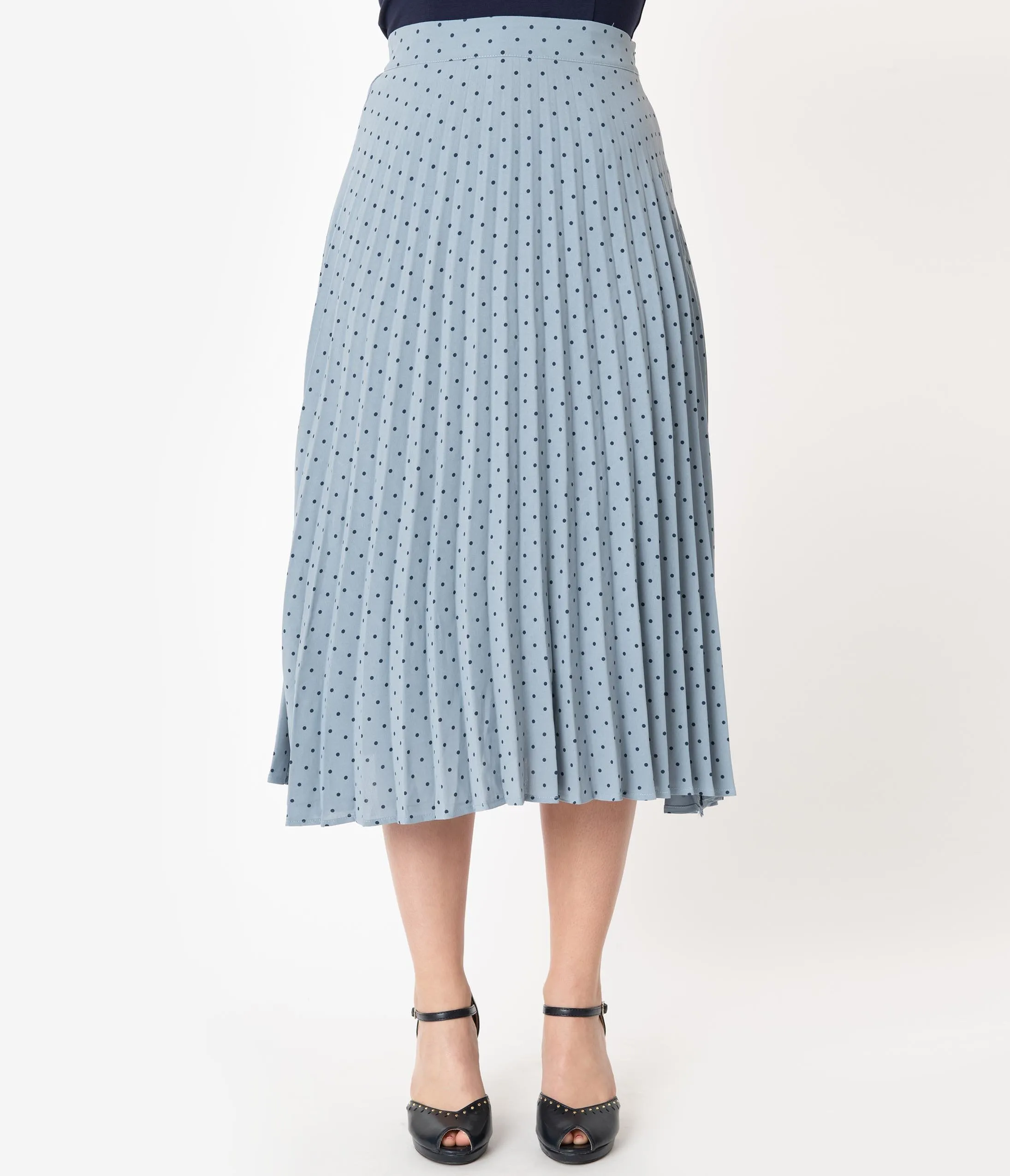 1940s Style Light Blue & Navy Polka Dot Pleated Skirt