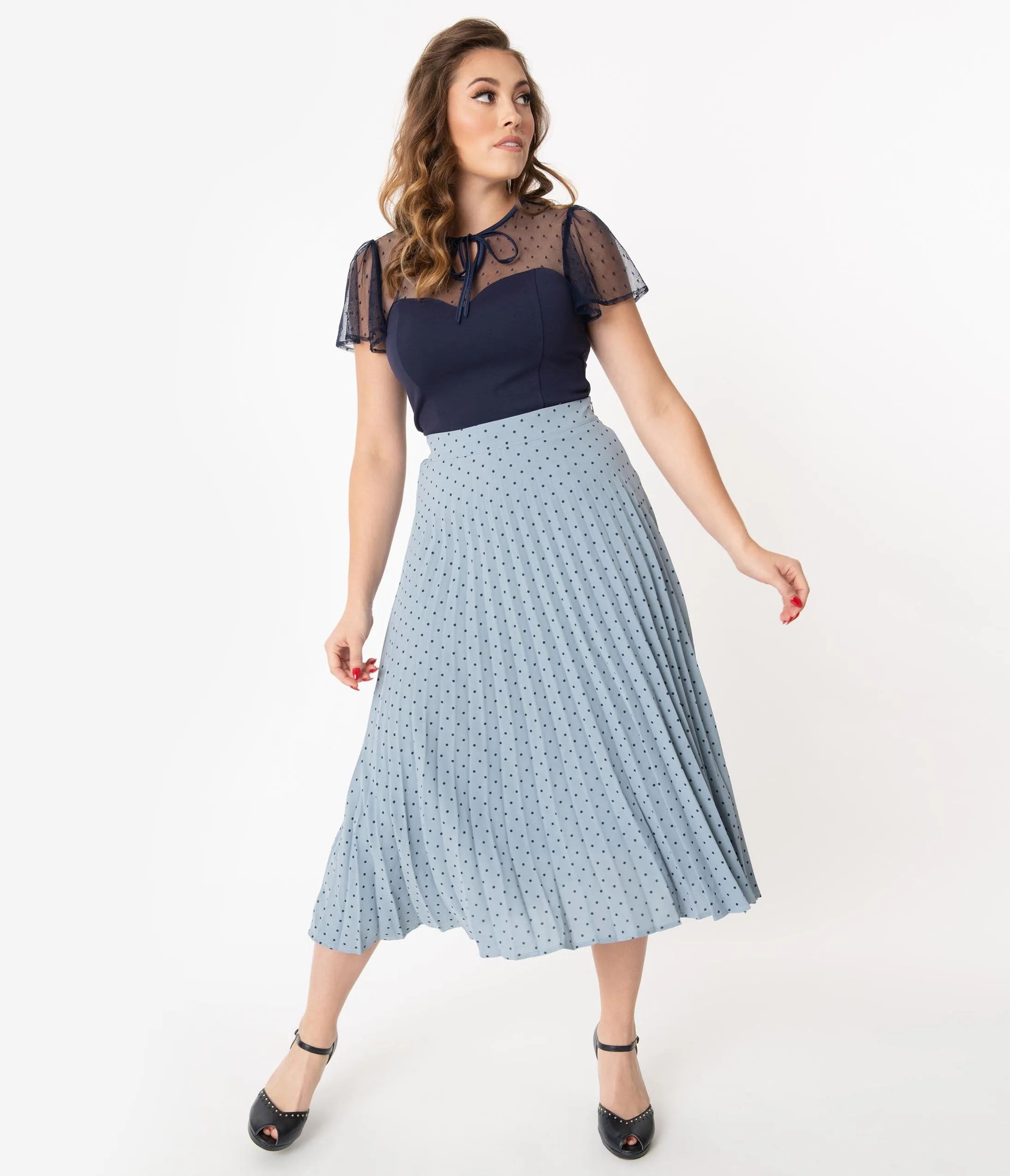 1940s Style Light Blue & Navy Polka Dot Pleated Skirt