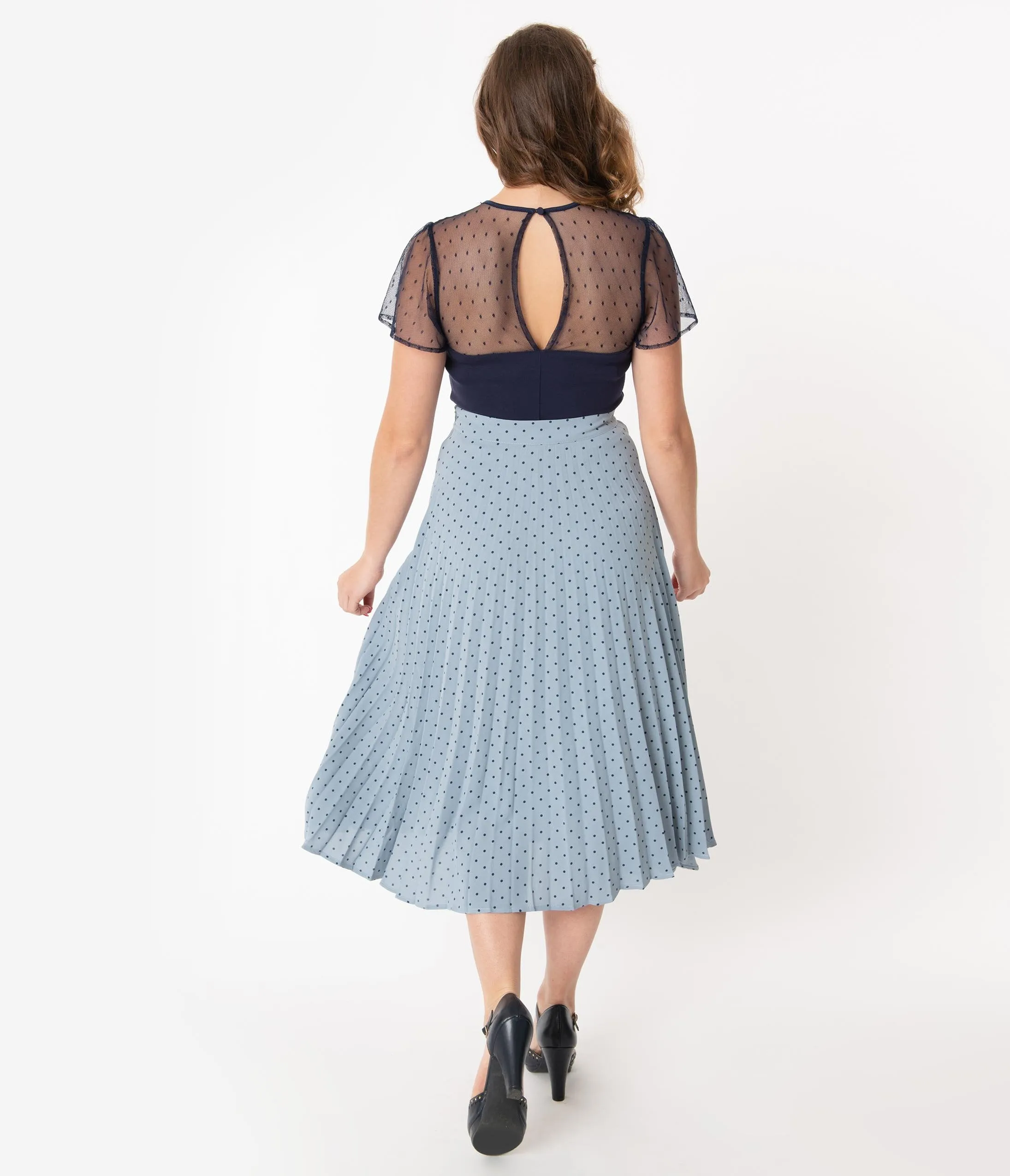 1940s Style Light Blue & Navy Polka Dot Pleated Skirt