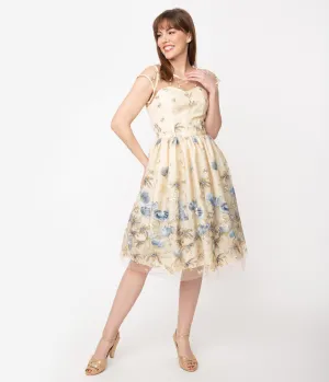 1950s Cream & Light Blue Floral Tulle Melissa Swing Dress