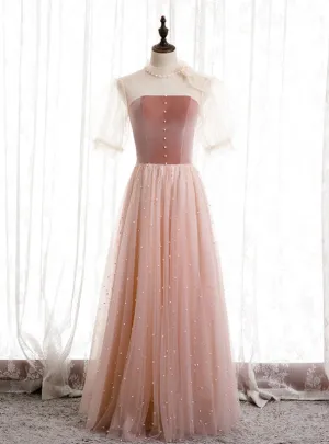 A-Line Pink Tulle Velvet High Neck Short Sleeve Prom Dress