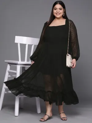 Black Dobby Weave Georgette Ethnic Maxi Dress