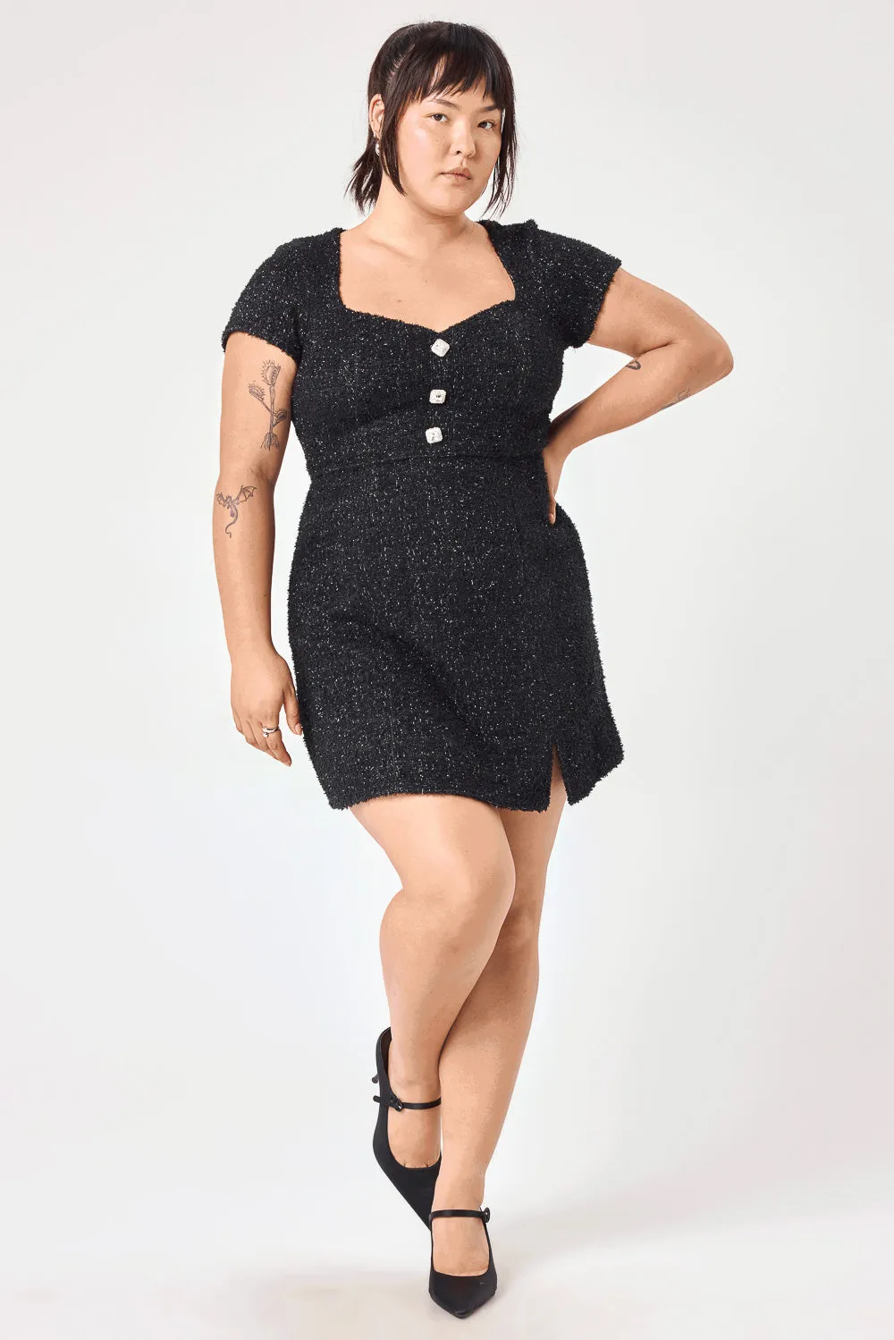 Black Metallic Button Front Dress