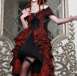 Blood Supply Dark Gothic Dream Red Princess Queen Lace Brooch Black Jacquard Off Shoulder Layered Dress