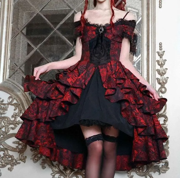 Blood Supply Dark Gothic Dream Red Princess Queen Lace Brooch Black Jacquard Off Shoulder Layered Dress