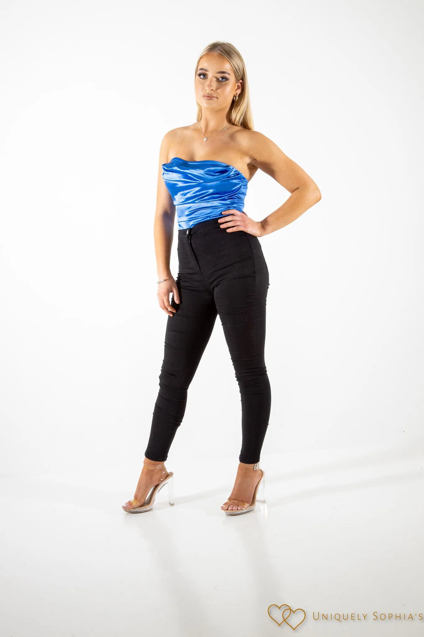 Blue Satin Cowl Neck Strapless Bodysuit