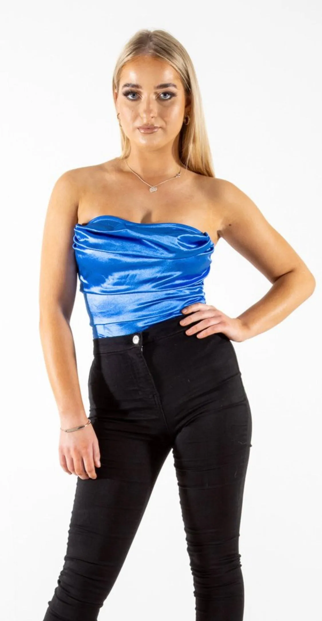 Blue Satin Cowl Neck Strapless Bodysuit