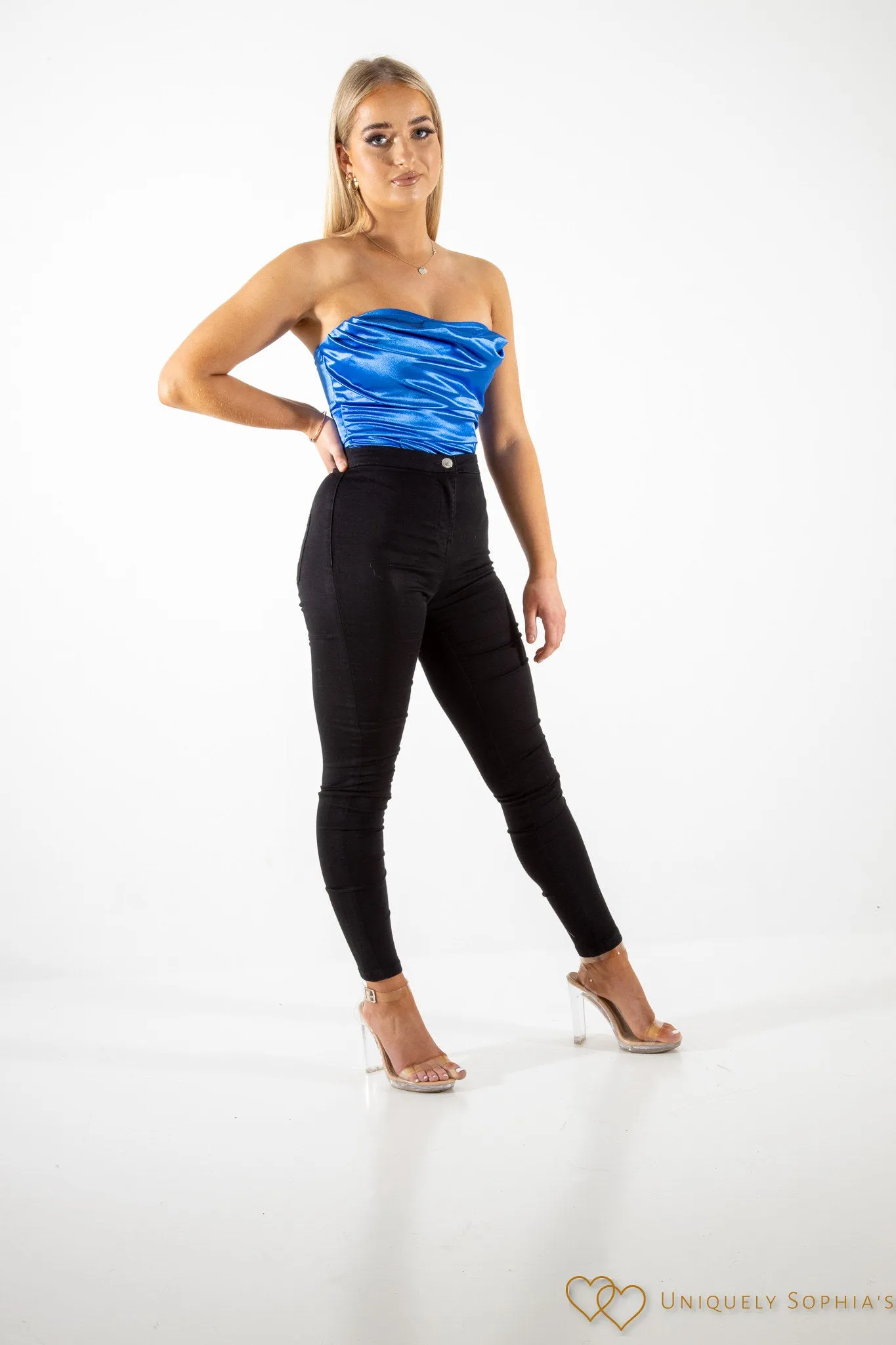 Blue Satin Cowl Neck Strapless Bodysuit