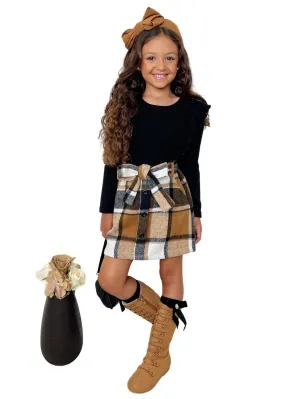 Classic Plaid Ruffled Top And Brushed Fleece Skirt Set