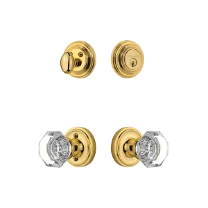 Classic Rosette Entry Set with Waldorf Crystal Knob in Polished Brass