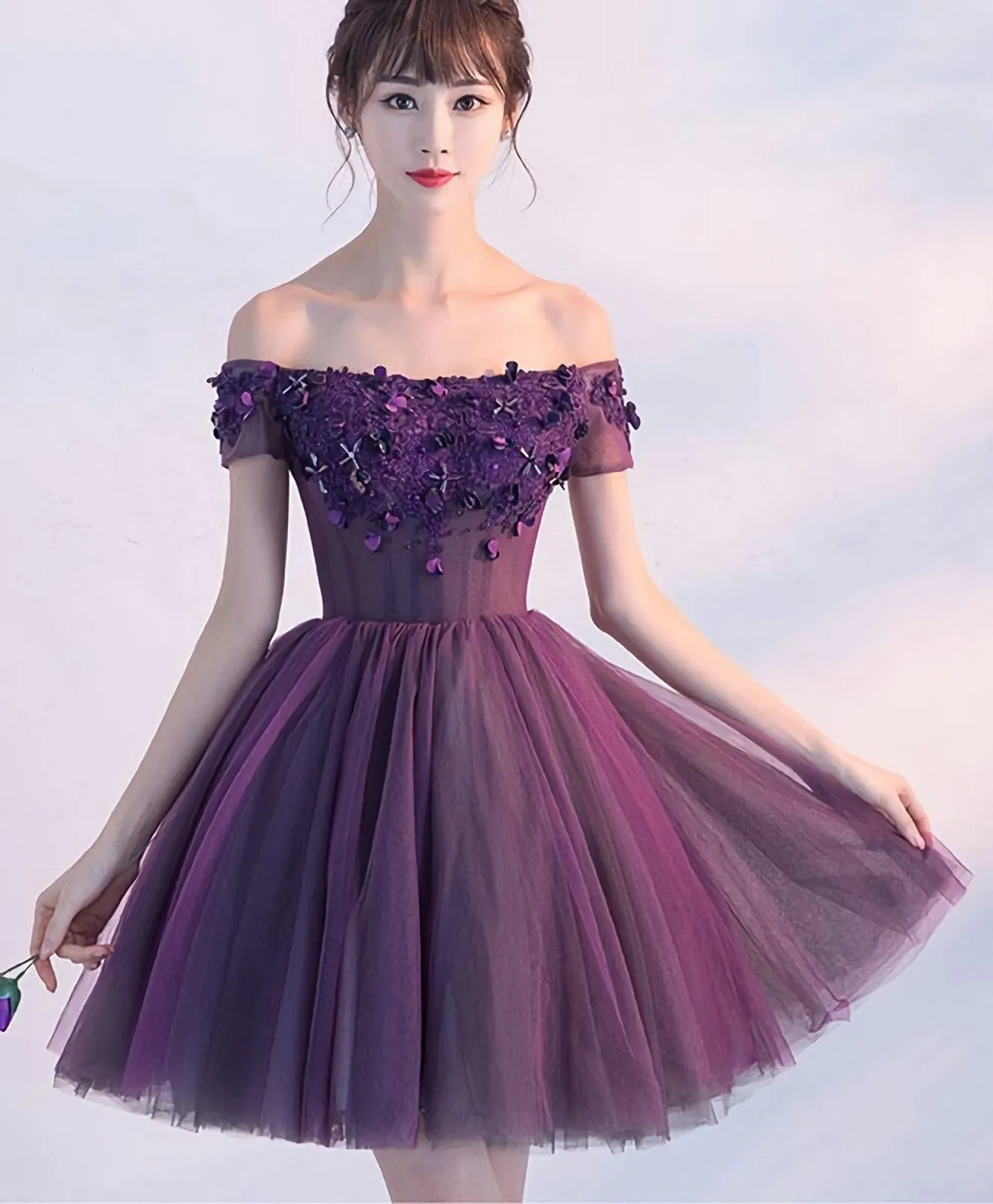 Cute A Line Purple Off Shoulder Short Prom Dress Homecoming Dress