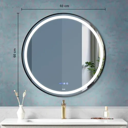 Fuao Premium HD Smart Mirror for Walls with Anti-Fog Function, Time-Temperature Display and Adjustable Brightness 3-Tone LED Lighting| 100% Silver Coating, Anodized Aluminium Frame Round-Black-60CM