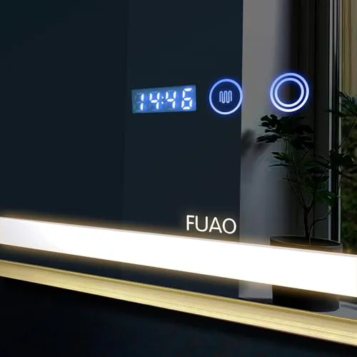 Fuao Premium HD Smart Mirror for Walls with Anti-Fog Function, Time-Temperature Display and Adjustable Brightness 3-Tone LED Lighting| 100% Silver Coating, Anodized Aluminium Frame Round-Black-60CM