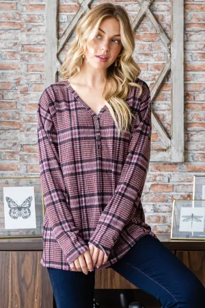 Full Size Plaid V-Neck Long Sleeve Top