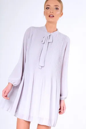 Grey Pleated Tie Neck Long Sleeve Swing Dress - Nickie