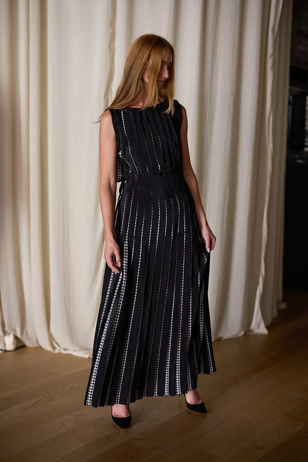 Hand Pleated Column Dress Reversible | Custom Houndstooth Stripe