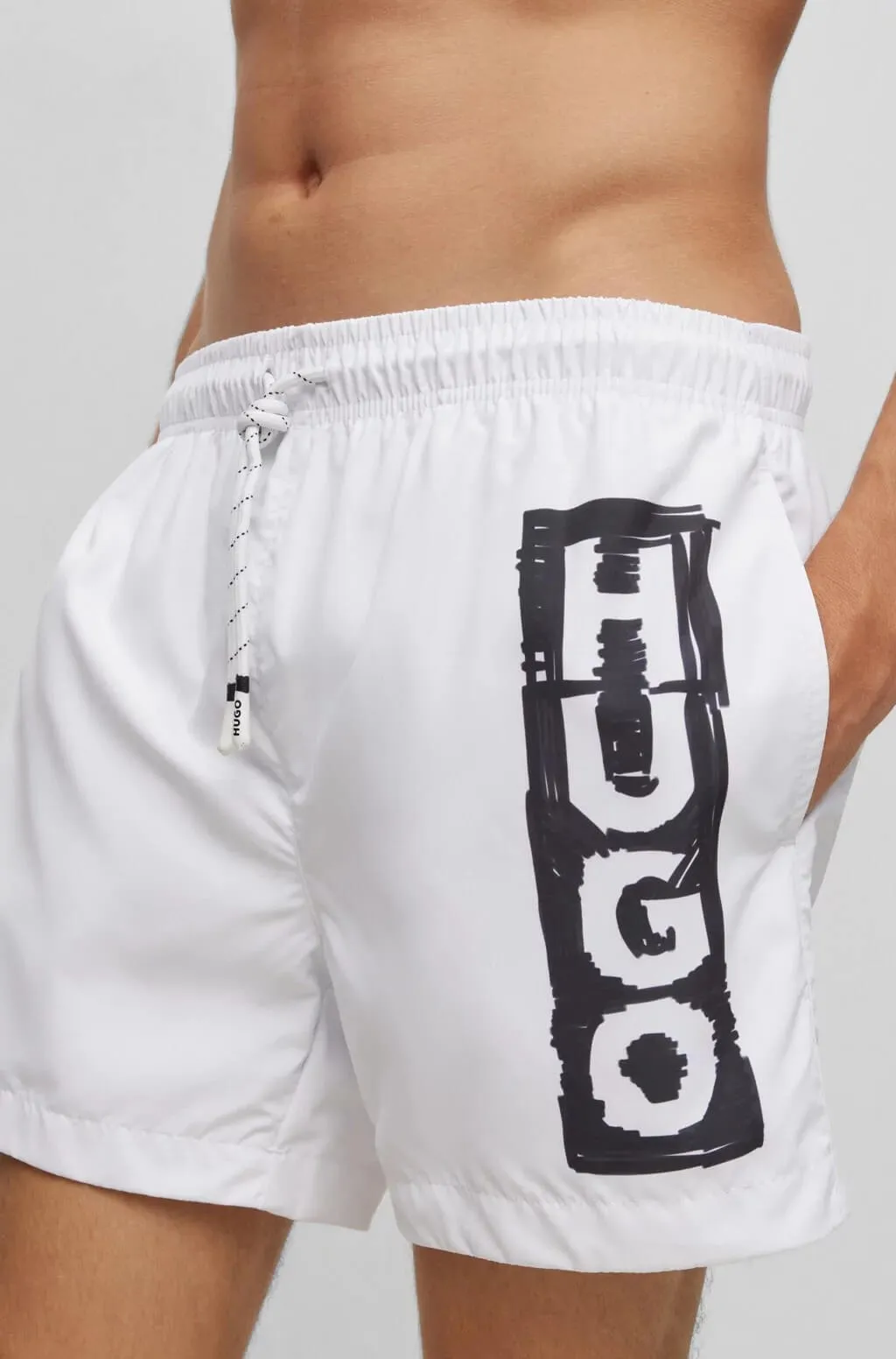 Hugo Marker Logo Swim Shorts, White/Black