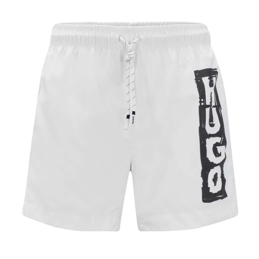 Hugo Marker Logo Swim Shorts, White/Black