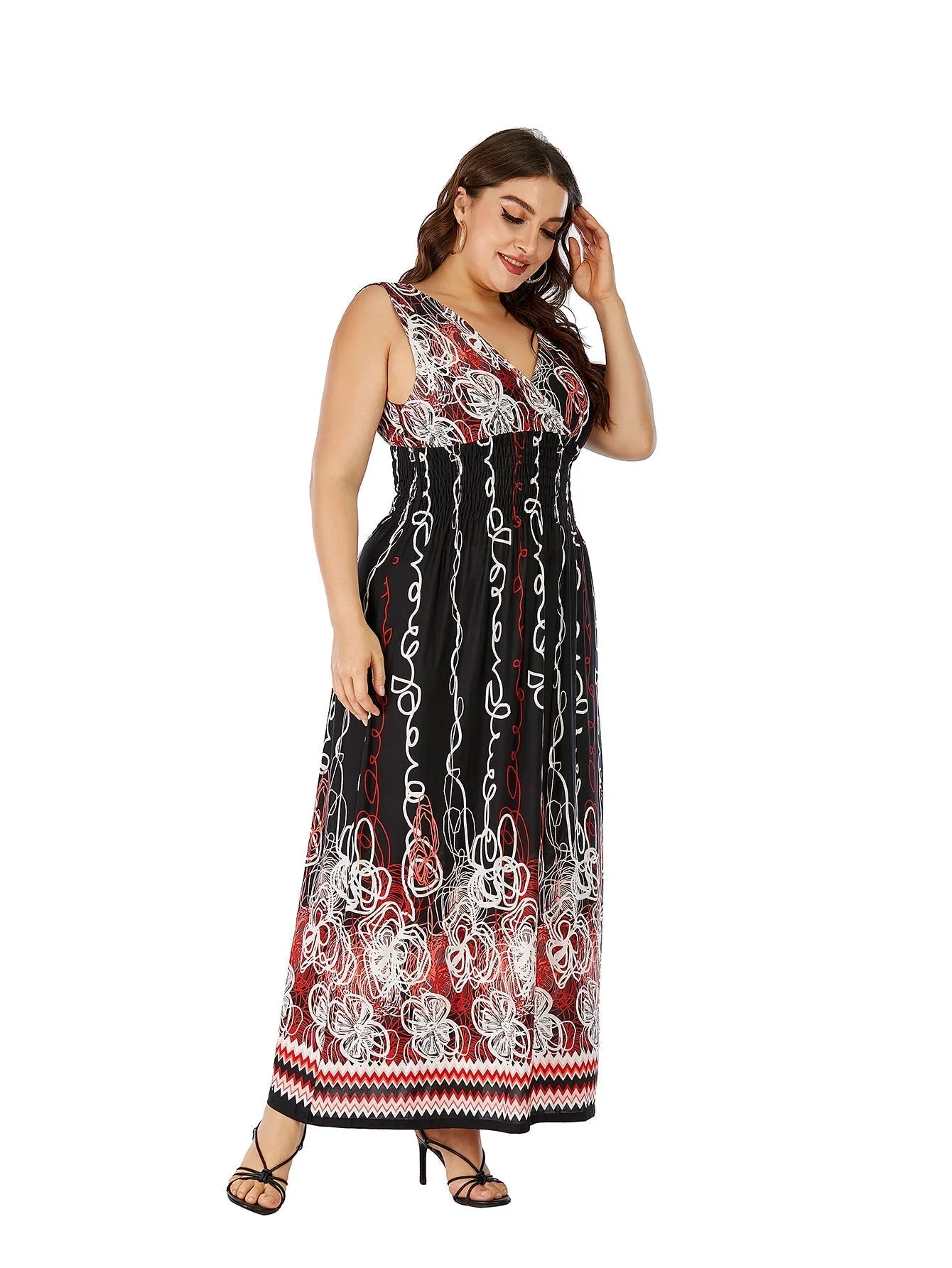 KittenAlarm - Plus Size Double V-neck Paisley Print High Elastic Waist Maxi Dress Beach Dress