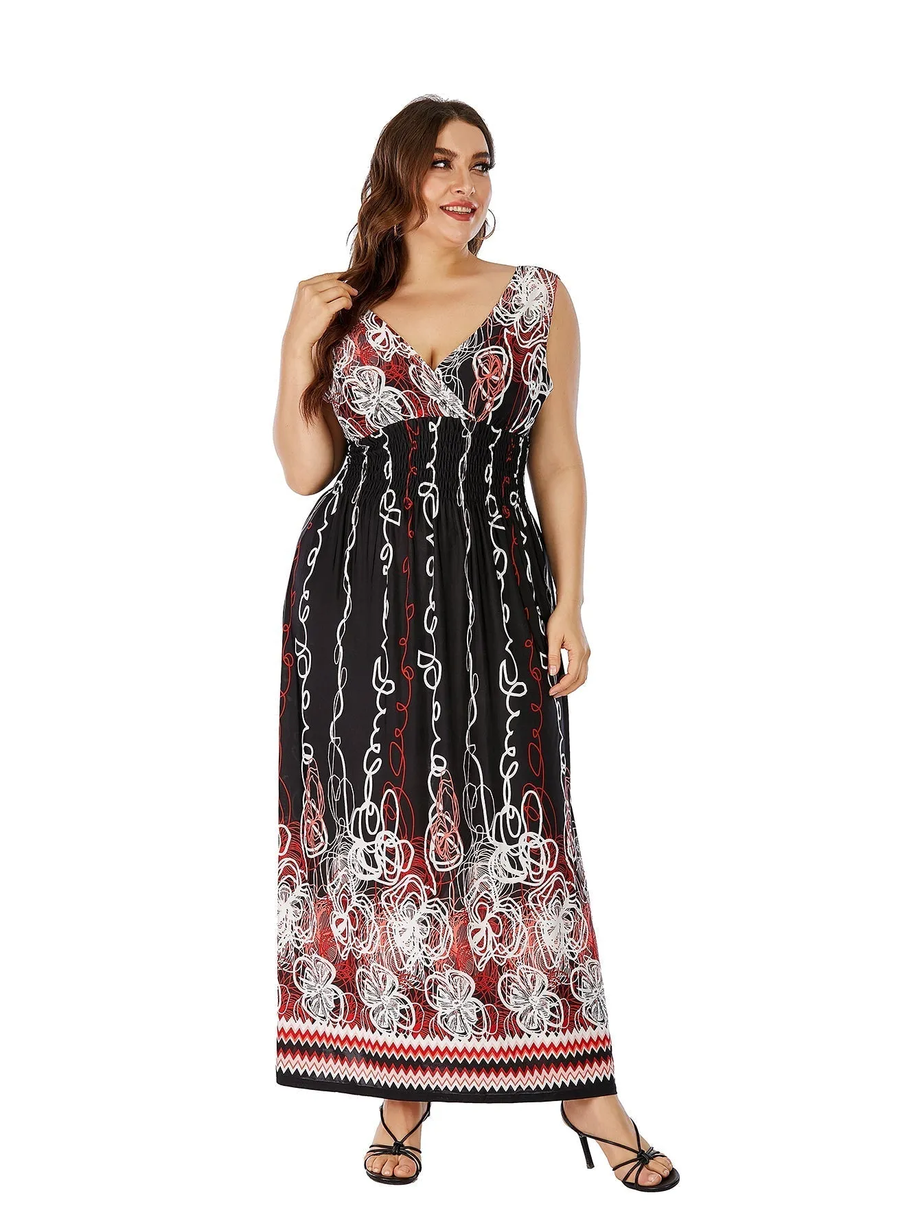 KittenAlarm - Plus Size Double V-neck Paisley Print High Elastic Waist Maxi Dress Beach Dress