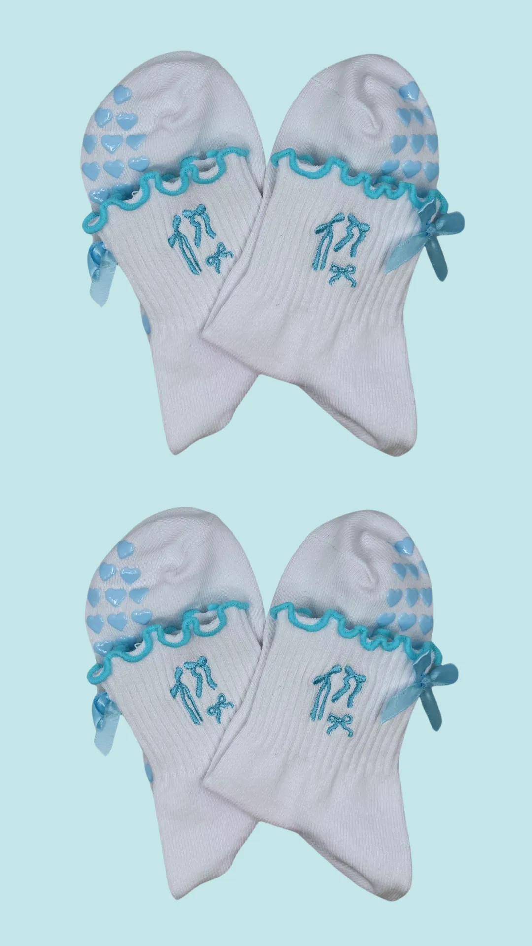 Light blue coquette bow grip sock