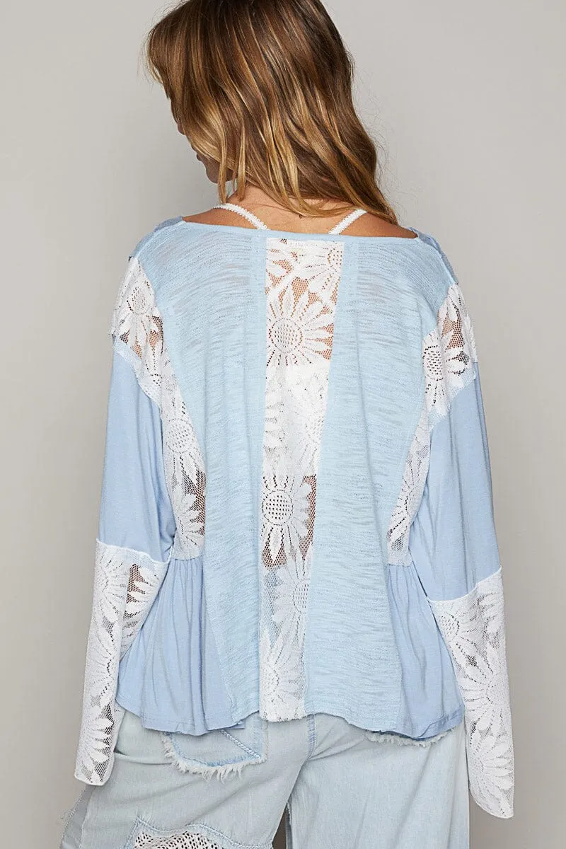 LIGHT BLUE FLOWY LACE TRIM MIX TOP