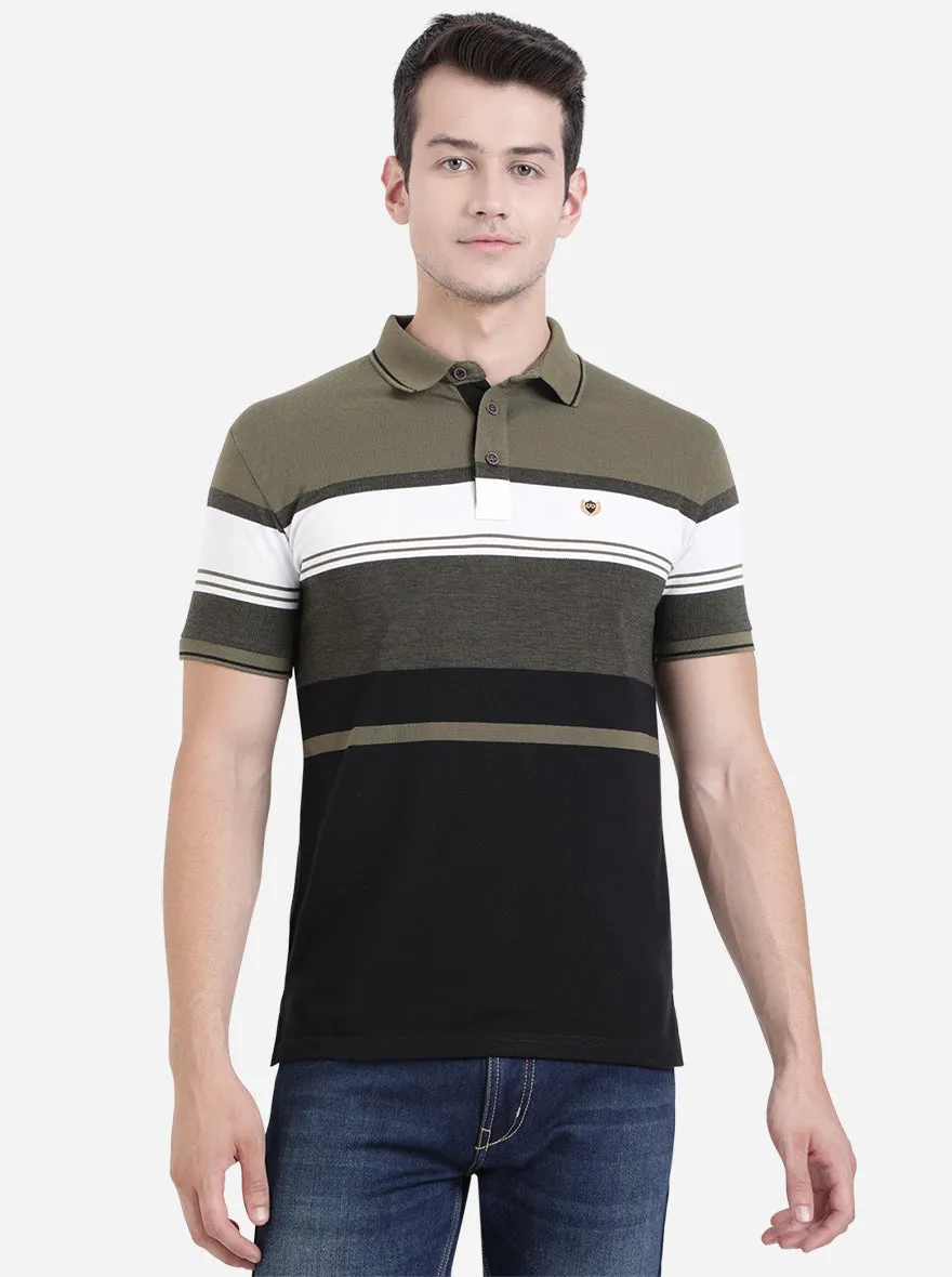 Olive Brown Striped Slim Fit Polo T-Shirt | JadeBlue