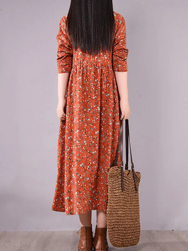 Original Lapel Frenum Floral Printed Midi Dress