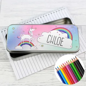 Personalised Unicorn Pencil Tin with Pencil Colouring Crayons