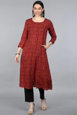 Red Cotton A-Line Kurta