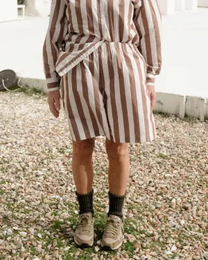 Stave Shorts - Organic Corron Poplin - Brown White Stripe