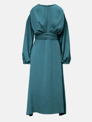 Turquoise Midi Dress With Shoulder Pads Detail And Pleats