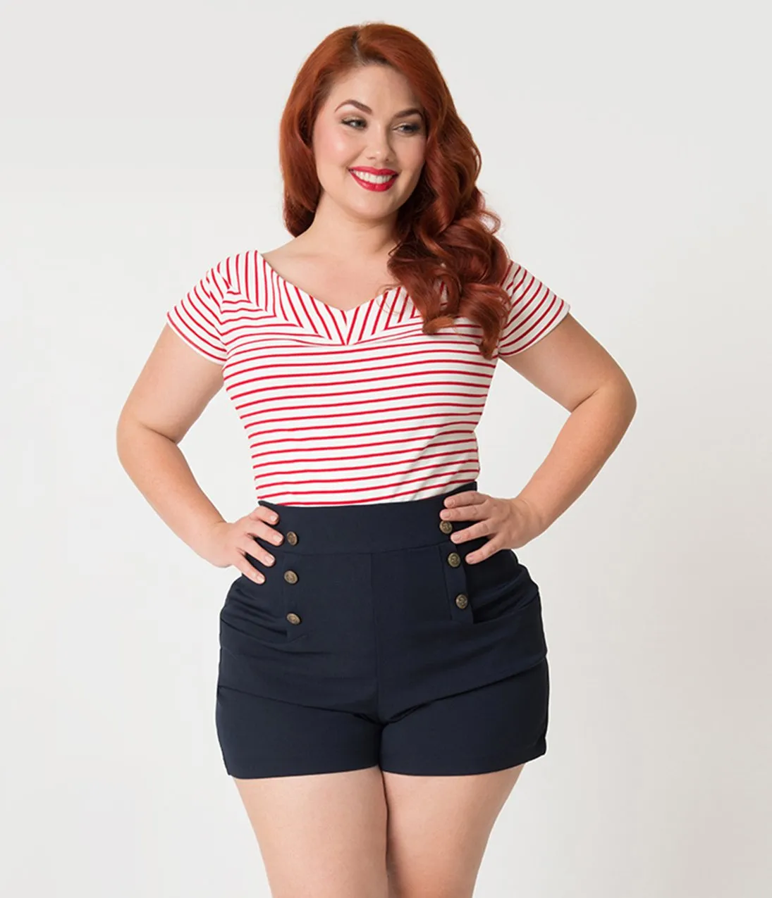 Unique Vintage Plus Size 1950s Style White & Red Striped Deena Top