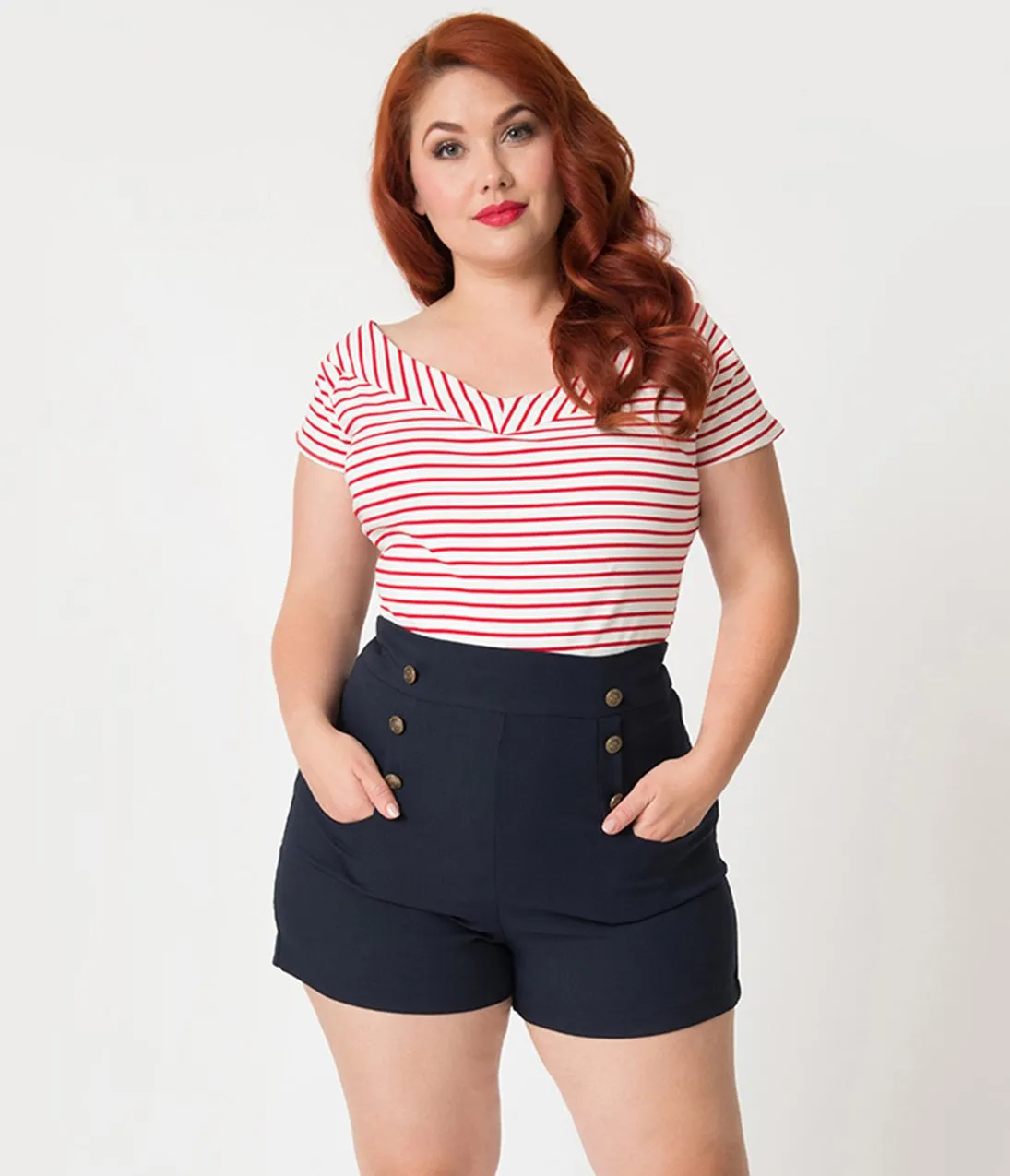 Unique Vintage Plus Size 1950s Style White & Red Striped Deena Top