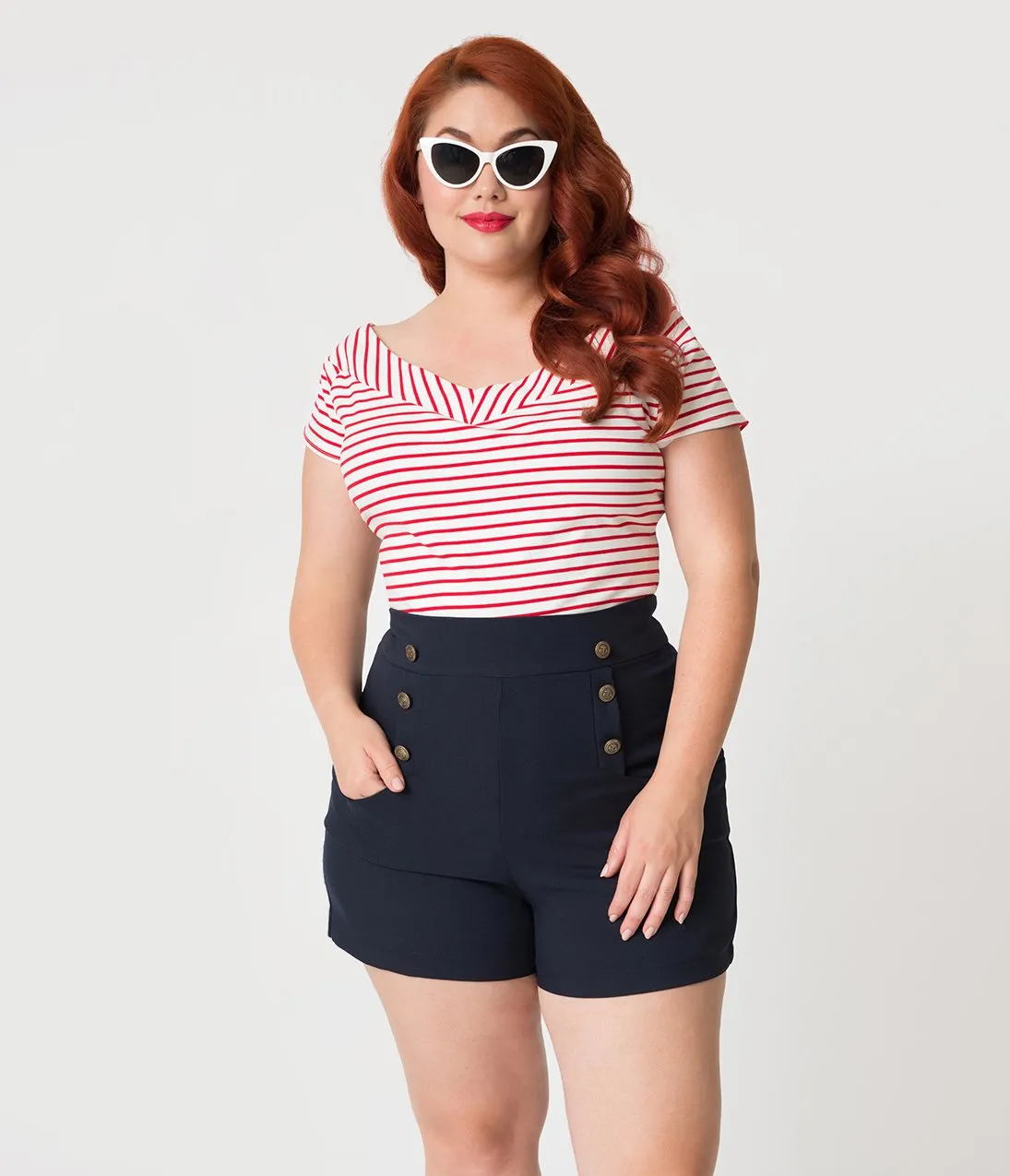 Unique Vintage Plus Size 1950s Style White & Red Striped Deena Top