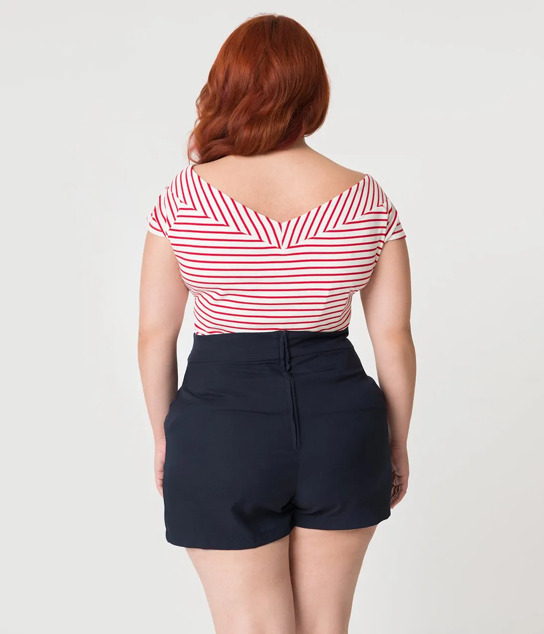 Unique Vintage Plus Size 1950s Style White & Red Striped Deena Top