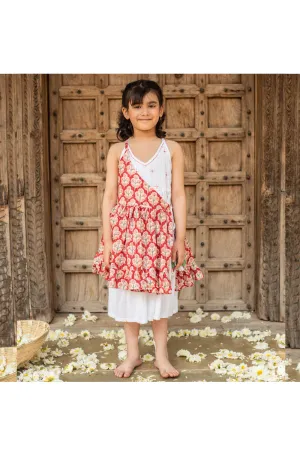 White Cotton Dress With Red Floral Printed Attached Jacket Set