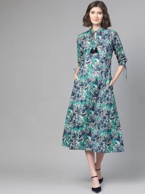 Women Grey & Navy Blue Floral Printed A-Line Dress