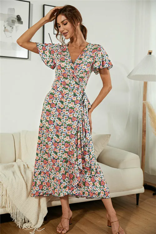 Women's Summer Casual Boho Floral V Neck Short Sleeve Long Dresses