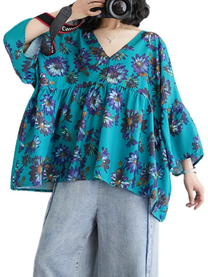 Women's Summer Stylish Printed Babydoll Shirt Top